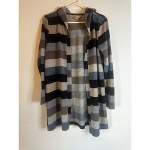 Tru Self Womens Hooded Cardigan M Striped Open Front Long Sleeve Gray Black